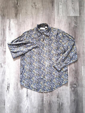 Bobby Chan Mens L Silk Blend Paisley Blue/Green/Grey Long Sleeve Button Up Shirt